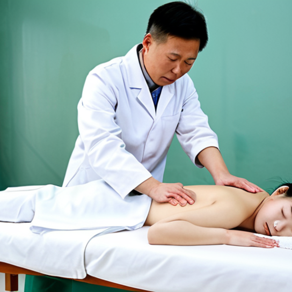 Traditional Chinese Medicine Treatment**
A brightly lit, clean room in a Traditional Chinese Medicine clinic. A fully clothed patient lies face down on a padded table, receiving Tui Na massage from a doctor wearing a professional white coat. Focus on the doctor's hands applying pressure to the patient's lower back. Acupuncture needles are gently inserted into specific points on the patient’s back. The atmosphere should be calm and healing. Include details like teacups and traditional medicine displays in the background. Perfect anatomy, correct proportions, natural pose, well-formed hands, proper finger count. Safe for work, appropriate content, fully clothed, professional, modest, family-friendly.
**