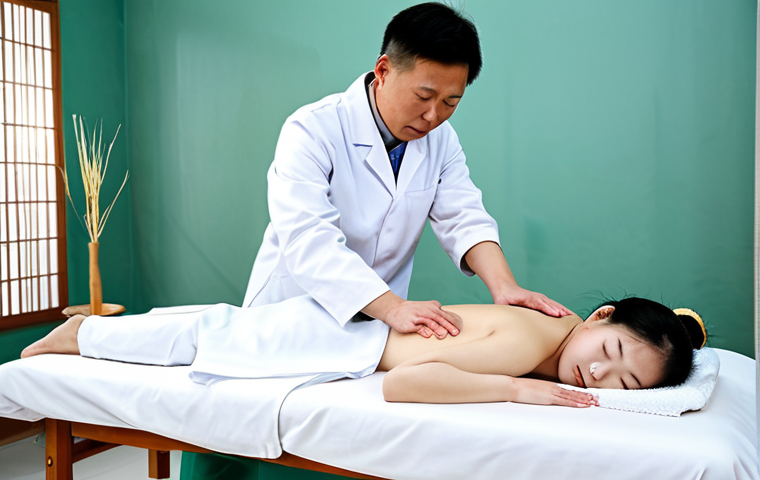 Traditional Chinese Medicine Treatment**

A brightly lit, clean room in a Traditional Chinese Medicine clinic. A fully clothed patient lies face down on a padded table, receiving Tui Na massage from a doctor wearing a professional white coat. Focus on the doctor's hands applying pressure to the patient's lower back. Acupuncture needles are gently inserted into specific points on the patient’s back. The atmosphere should be calm and healing. Include details like teacups and traditional medicine displays in the background. Perfect anatomy, correct proportions, natural pose, well-formed hands, proper finger count. Safe for work, appropriate content, fully clothed, professional, modest, family-friendly.

**