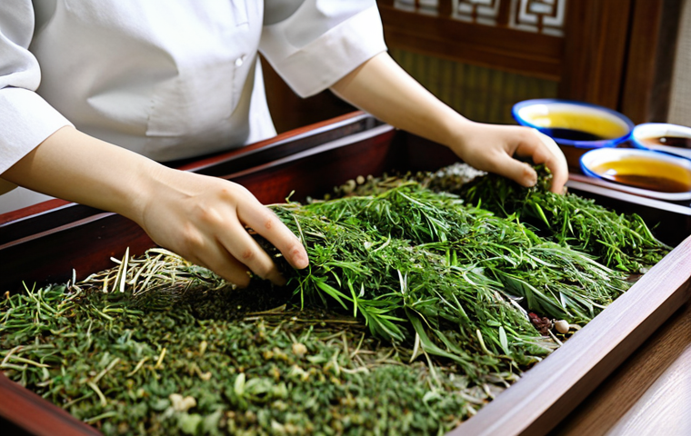 한방병원에서 사용하는 약재 - Traditional Korean Herbal Preparation**

"Close-up of meticulously arranged Korean medicinal herbs (...