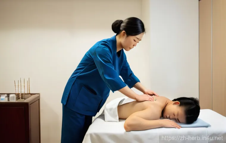 디스크 한방치료 효과 - **Prompt:** A tranquil and warmly lit Traditional Chinese Medicine (TCM) clinic. An elderly, wise-lo...